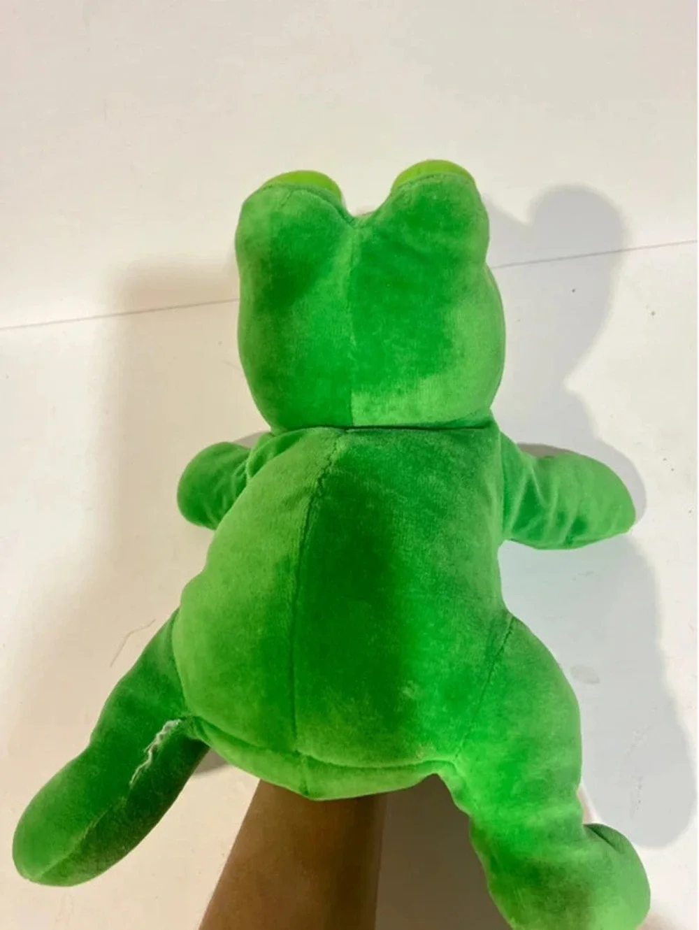 Vintage Croaker Frog Hand Puppet Plush Toy Green Pink Mouth 11” Soft Stuffy